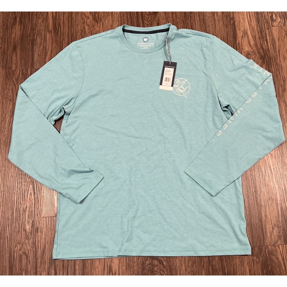Vineyard Vines Men's LS Graphic Tee Waves Dunes Color Aqua Ocean Heather Size L